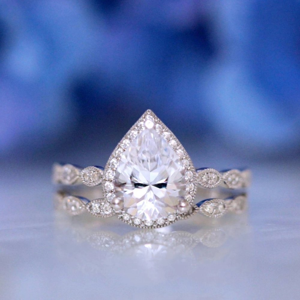 NEW Teardrop Halo Diamond Sterling Silver Ring Set - Picture 5 of 6